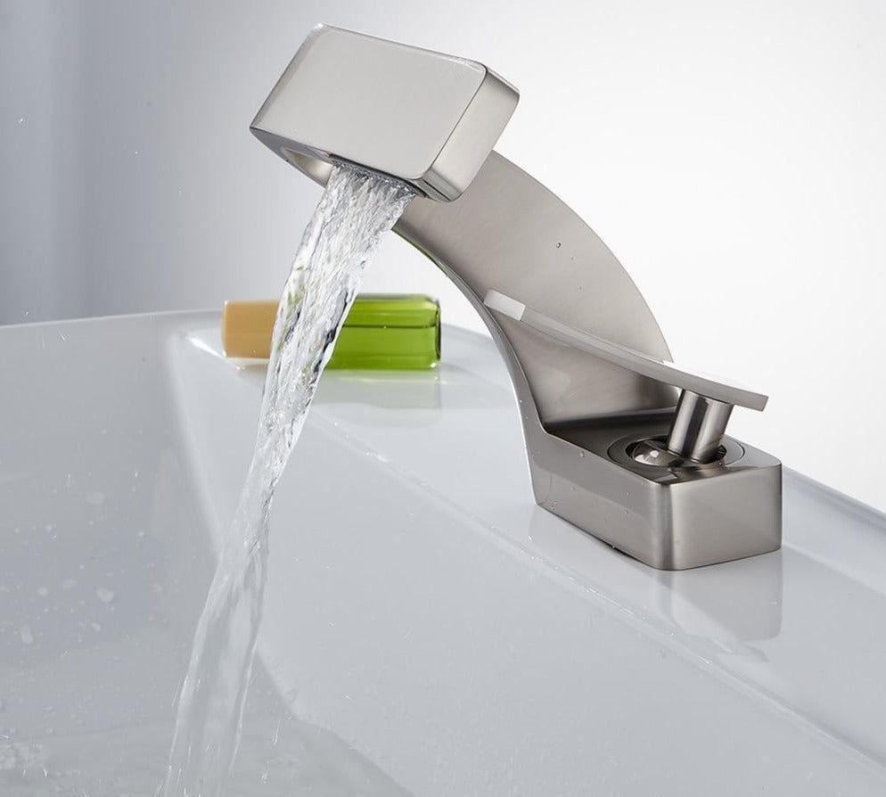 Curved Kitchen Faucet with Waterfall Spout and Dual Handles – Modern Style