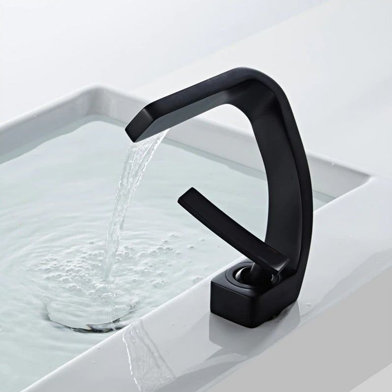 Curved Kitchen Faucet with Waterfall Spout and Dual Handles – Modern Style