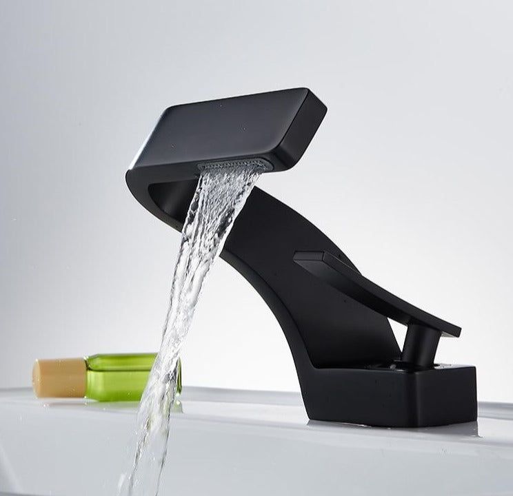 Curved Kitchen Faucet with Waterfall Spout and Dual Handles – Modern Style