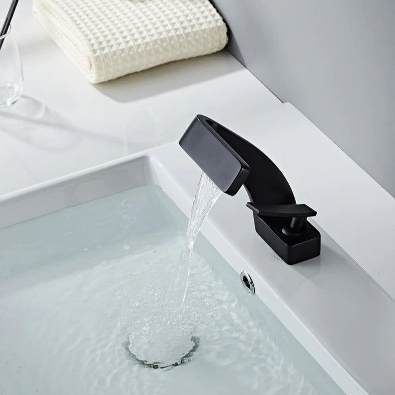 Curved Kitchen Faucet with Waterfall Spout and Dual Handles – Modern Style