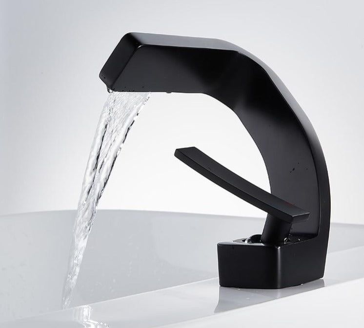 Curved Kitchen Faucet with Waterfall Spout and Dual Handles – Modern Style