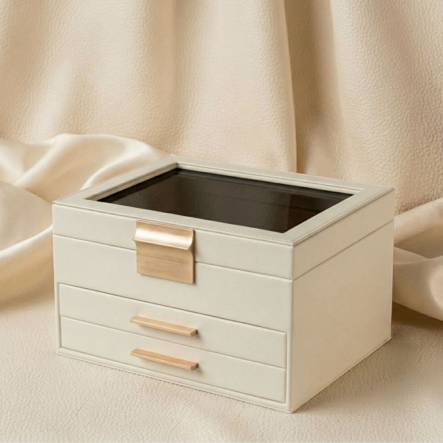 3-Tier Jewelry Organizer with Glass Lid, Velvet Interior, Gold Handle, White