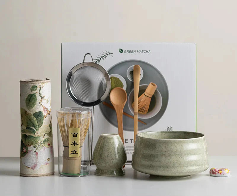 Complete 8-Piece Matcha Kit with Ceramic Bowl, Whisk, and Bamboo Frother
