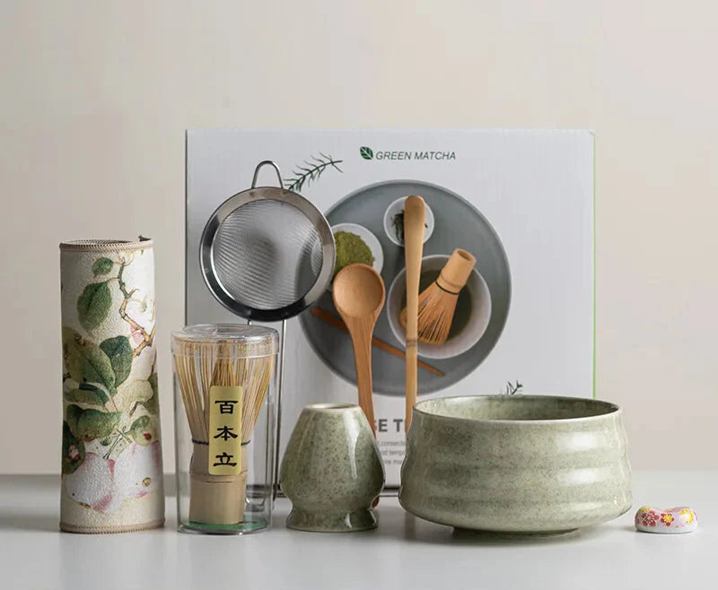 Complete 8-Piece Matcha Kit with Ceramic Bowl, Whisk, and Bamboo Frother