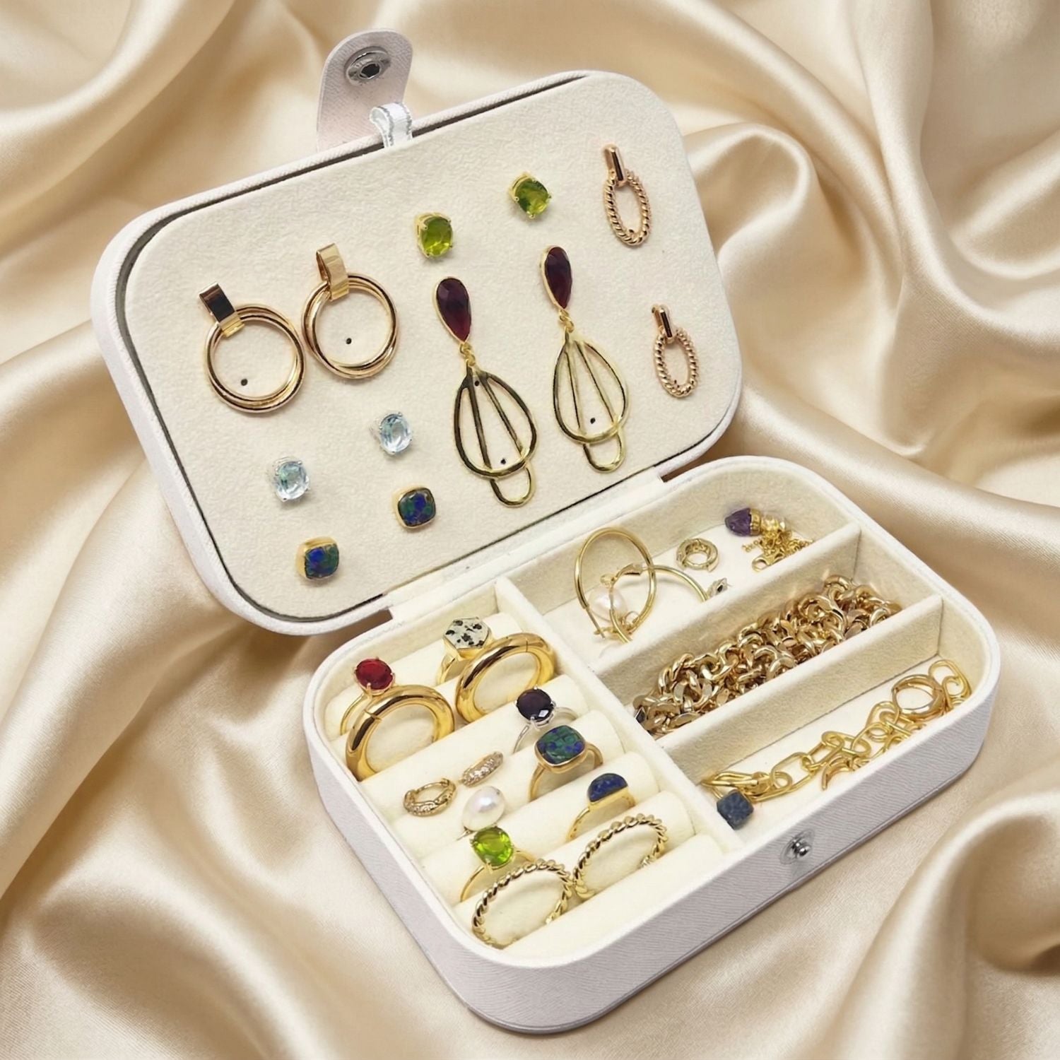 Compact Double Layer Jewelry Organizer with Velvet Interior - 3 Compartments, 16x11x5cm