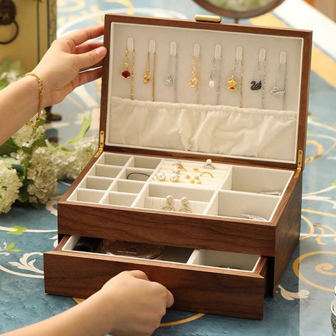 Jewelry Box in Walnut Finish – Two-Tier Storage with Soft Velvet Interior