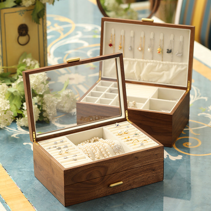 Jewelry Box in Walnut Finish – Two-Tier Storage with Soft Velvet Interior