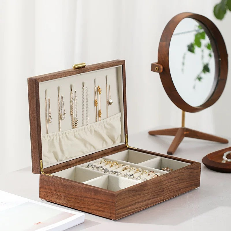 Jewelry Box in Walnut Finish – Two-Tier Storage with Soft Velvet Interior