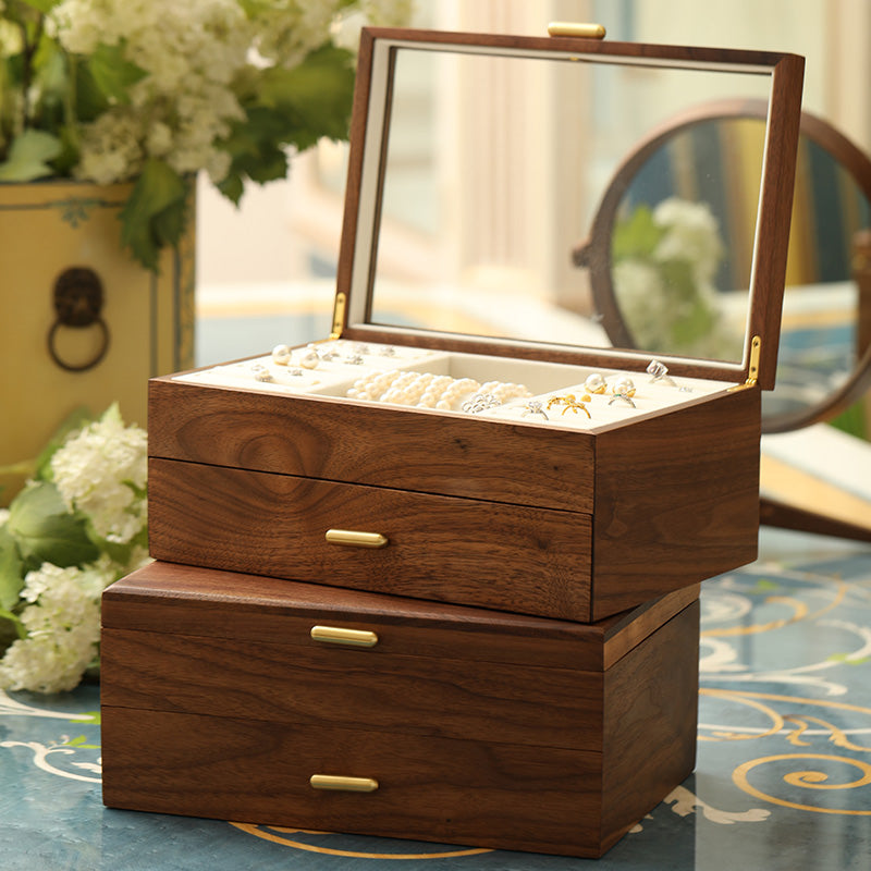 Jewelry Box in Walnut Finish – Two-Tier Storage with Soft Velvet Interior