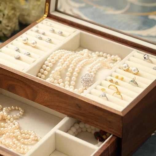 Jewelry Box in Walnut Finish – Two-Tier Storage with Soft Velvet Interior