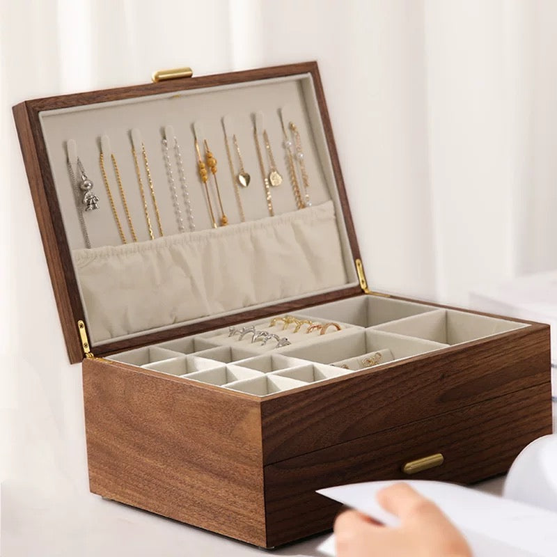Jewelry Box in Walnut Finish – Two-Tier Storage with Soft Velvet Interior