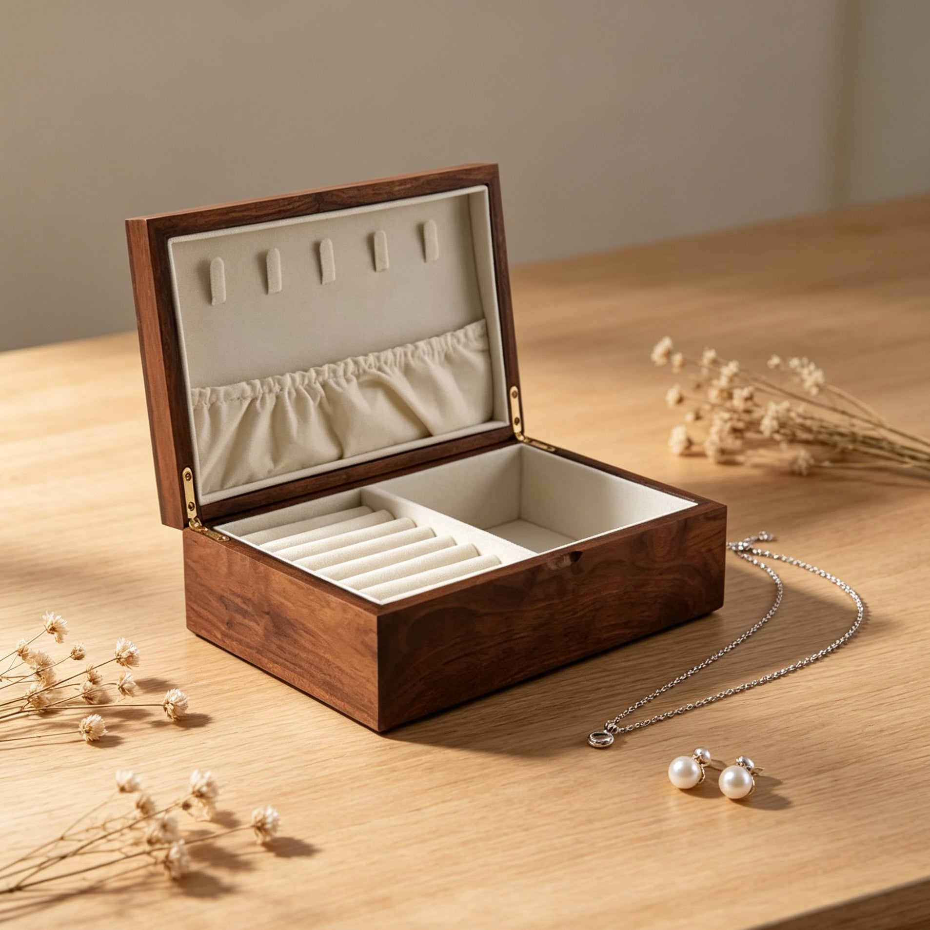 Jewelry Box in Walnut Finish – Two-Tier Storage with Soft Velvet Interior