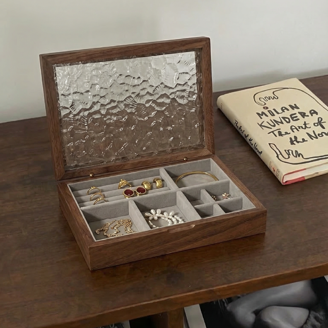 Natural Wood Jewelry Organizer with Velvet Interior and Various Compartments
