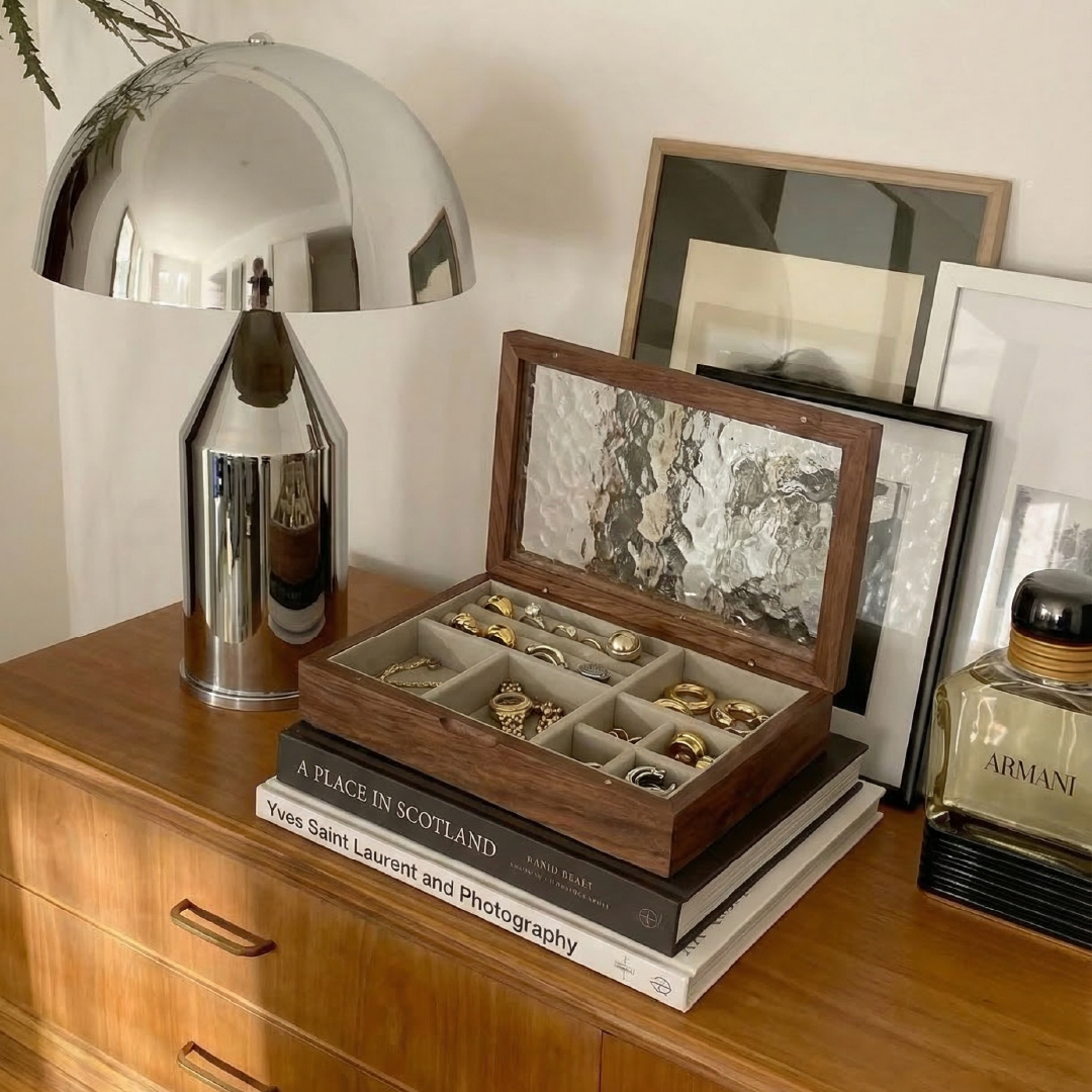 Natural Wood Jewelry Organizer with Velvet Interior and Various Compartments