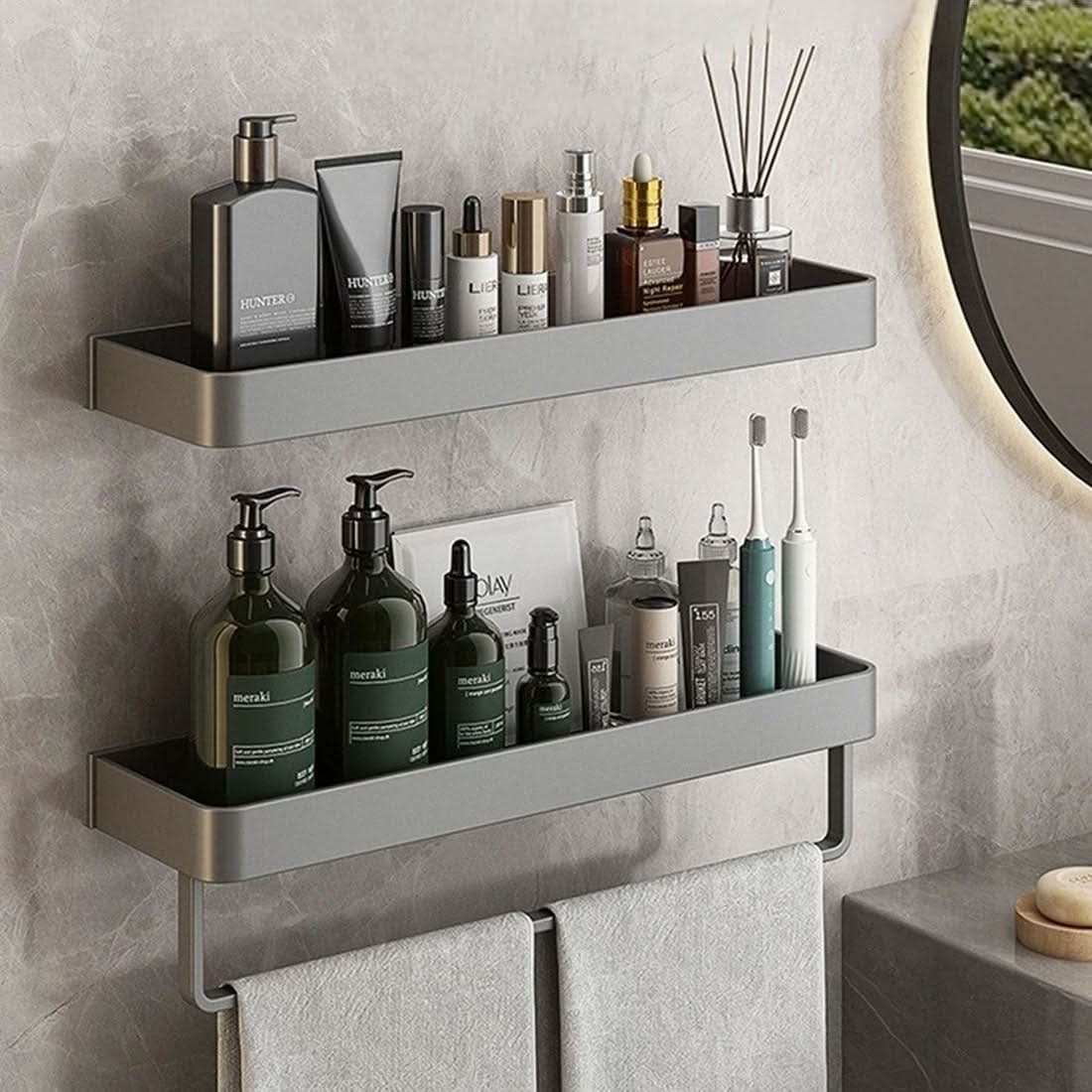 Elegant Wall-Mounted Bathroom Shelf with Towel Rack - Easy Install