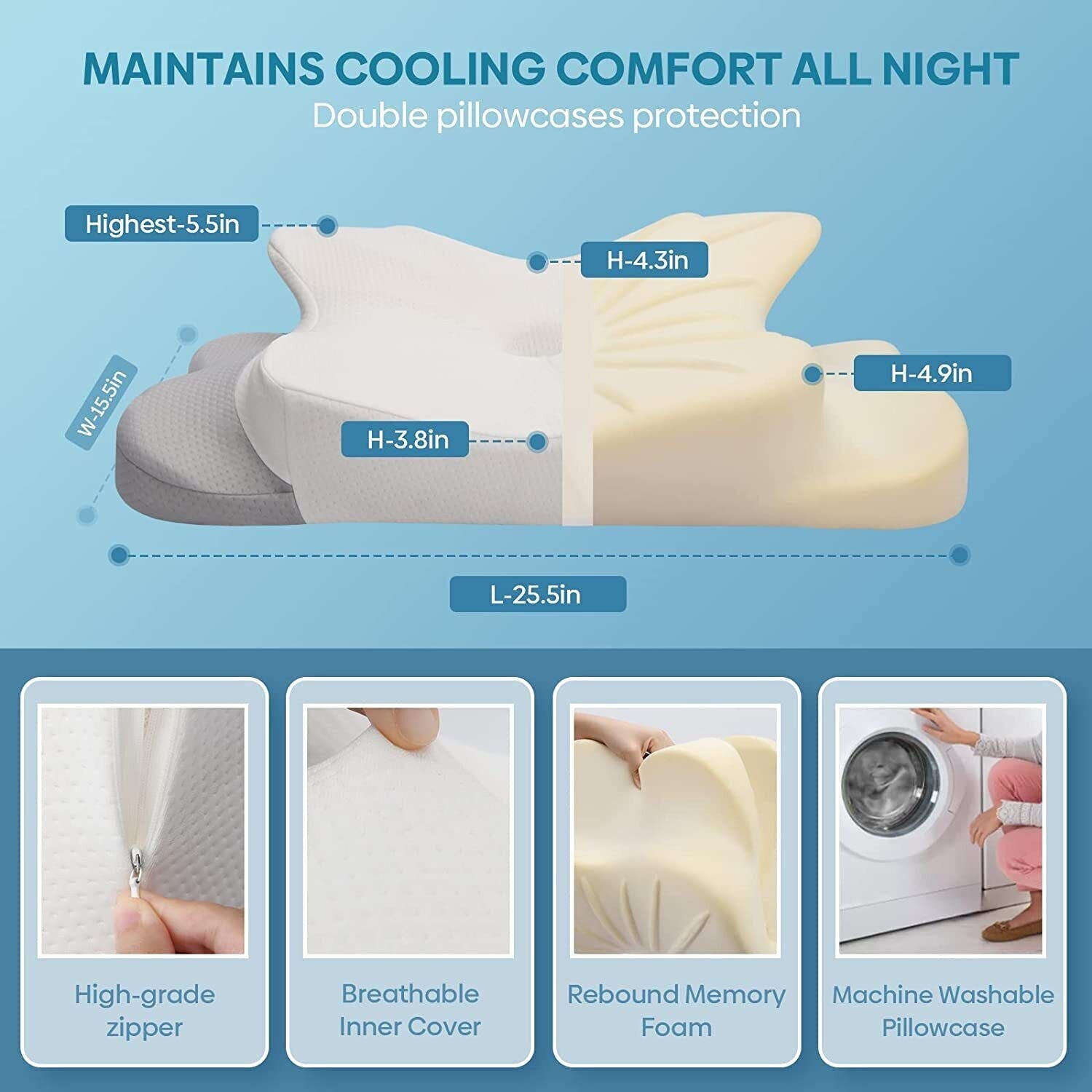 Cervical Neck Pillow for Ergonomic Support | Memory Foam | Dual Heights | Washable Cover | Suitable for Back, Side & Stomach Sleepers