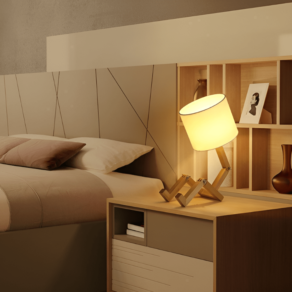 Versatile Wooden Light with Adjustable Robot Design for Work and Leisure
