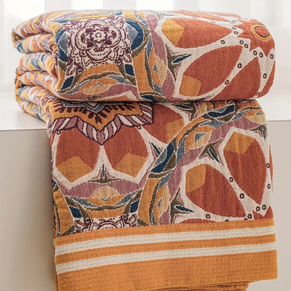Cotton Throw Blanket with Stylish Bohemian Pattern | Lightweight Year-Round Comfort