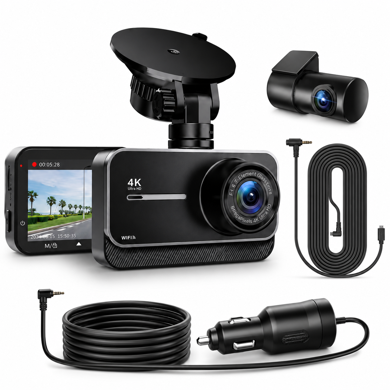 Dual 4K Dash Camera with WiFi and GPS - 170° Wide Angle, 24-Hour Parking, Night Vision, Supports Up to 256GB