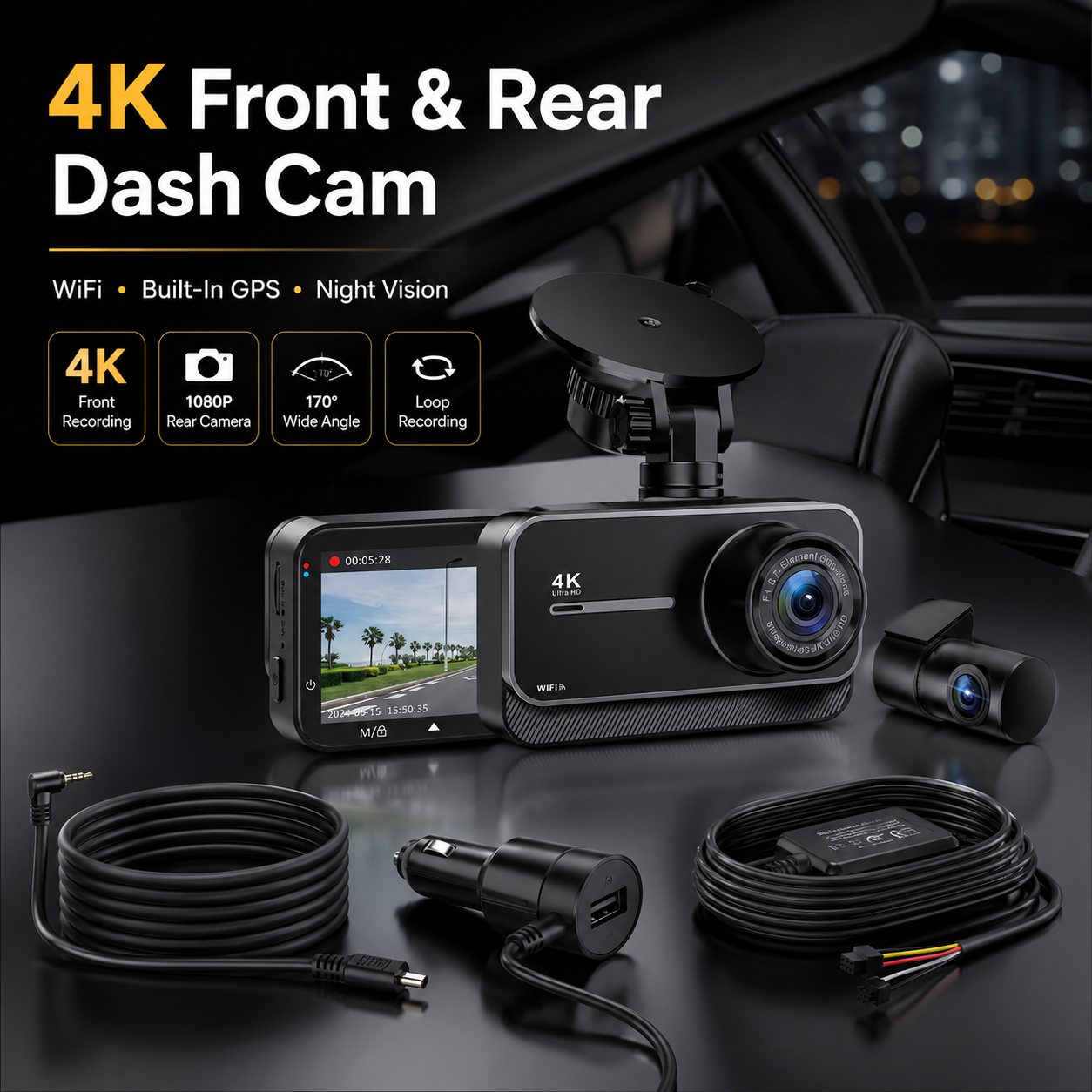 Dual 4K Dash Camera with WiFi and GPS - 170° Wide Angle, 24-Hour Parking, Night Vision, Supports Up to 256GB