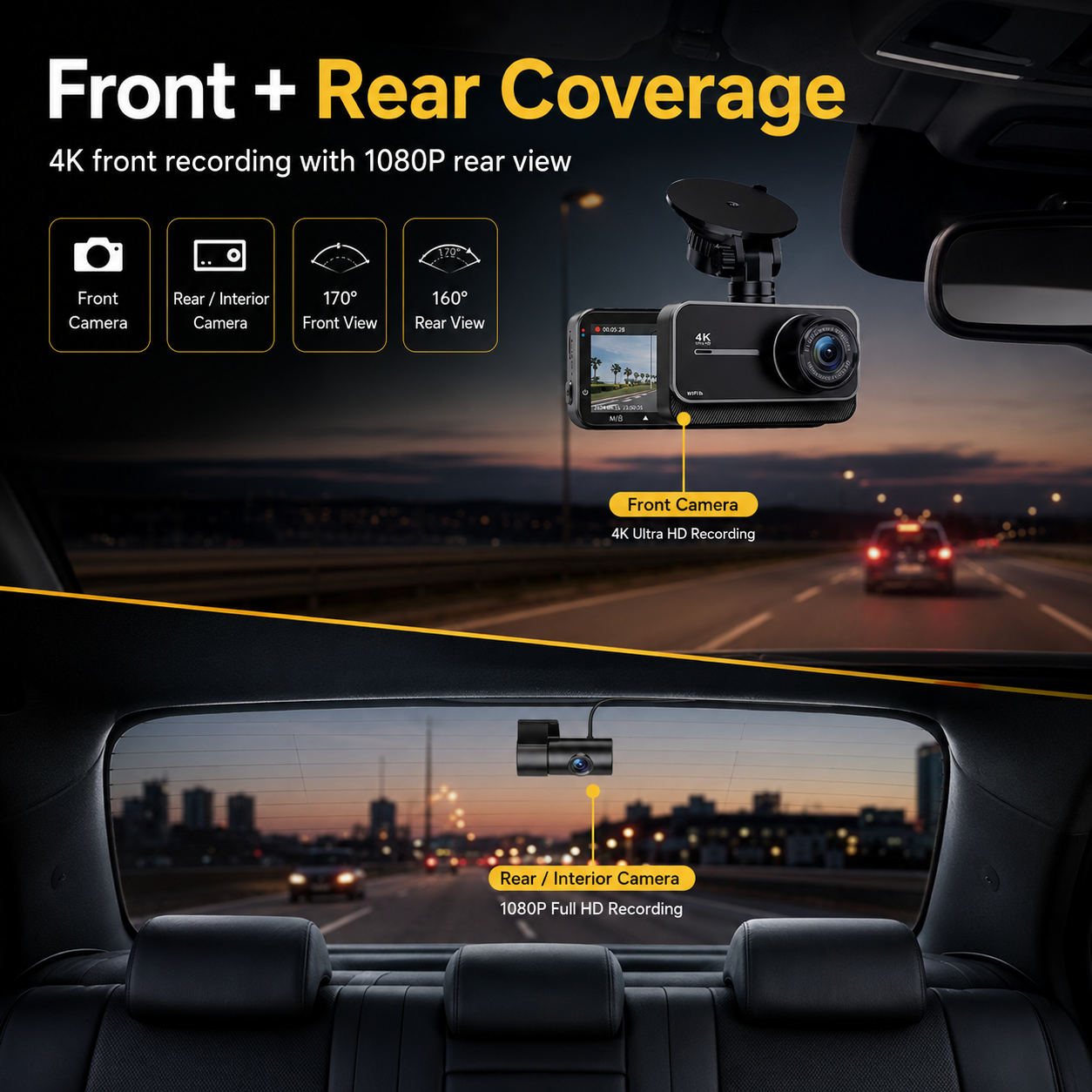 Dual 4K Dash Camera with WiFi and GPS - 170° Wide Angle, 24-Hour Parking, Night Vision, Supports Up to 256GB