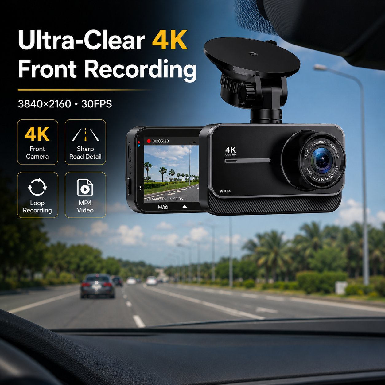 Dual 4K Dash Camera with WiFi and GPS - 170° Wide Angle, 24-Hour Parking, Night Vision, Supports Up to 256GB
