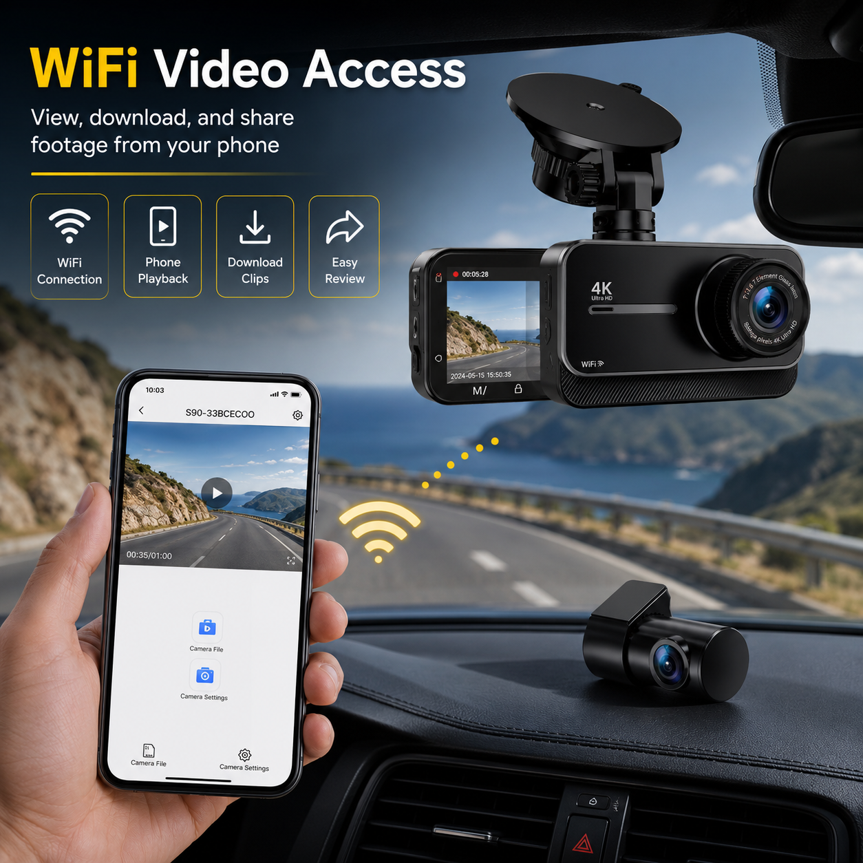 Dual 4K Dash Camera with WiFi and GPS - 170° Wide Angle, 24-Hour Parking, Night Vision, Supports Up to 256GB