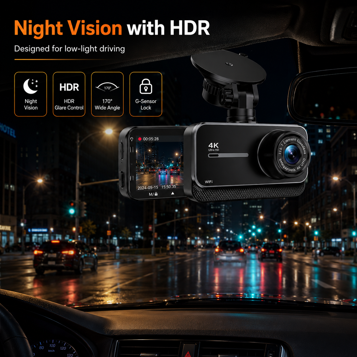 Dual 4K Dash Camera with WiFi and GPS - 170° Wide Angle, 24-Hour Parking, Night Vision, Supports Up to 256GB