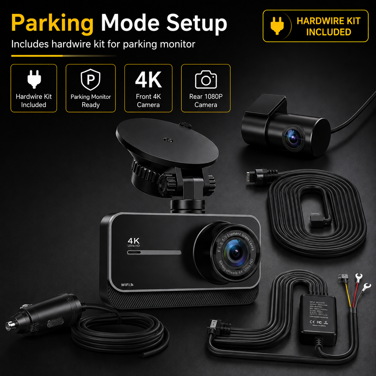 Dual 4K Dash Camera with WiFi and GPS - 170° Wide Angle, 24-Hour Parking, Night Vision, Supports Up to 256GB