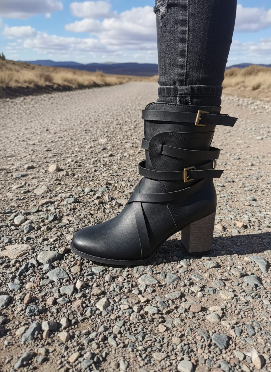 Women’s Ankle Boots | Boho Leather Look | Square Heel & Buckle Wrap | Comfortable Fit