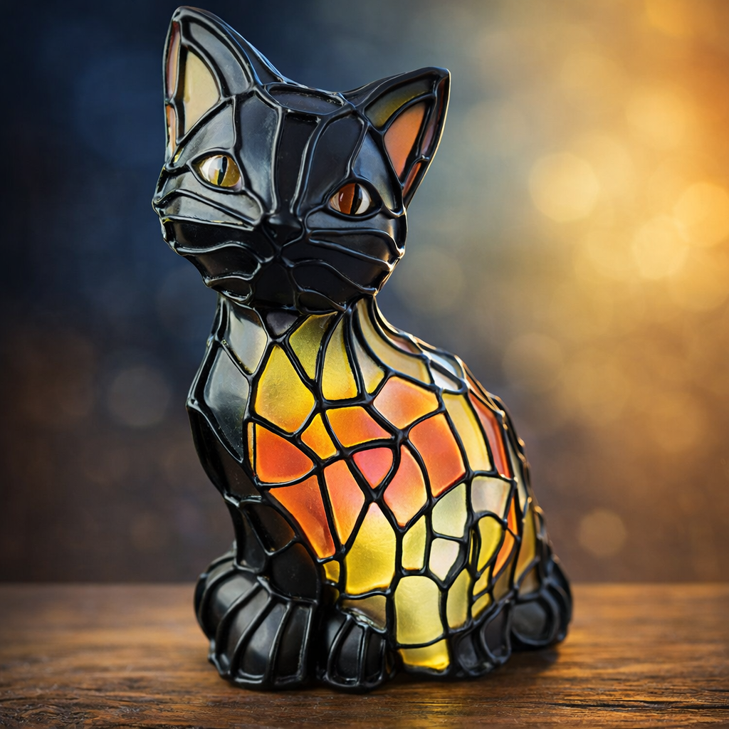 Charming Cat-Shaped Table Lamp with Stained Glass Design
