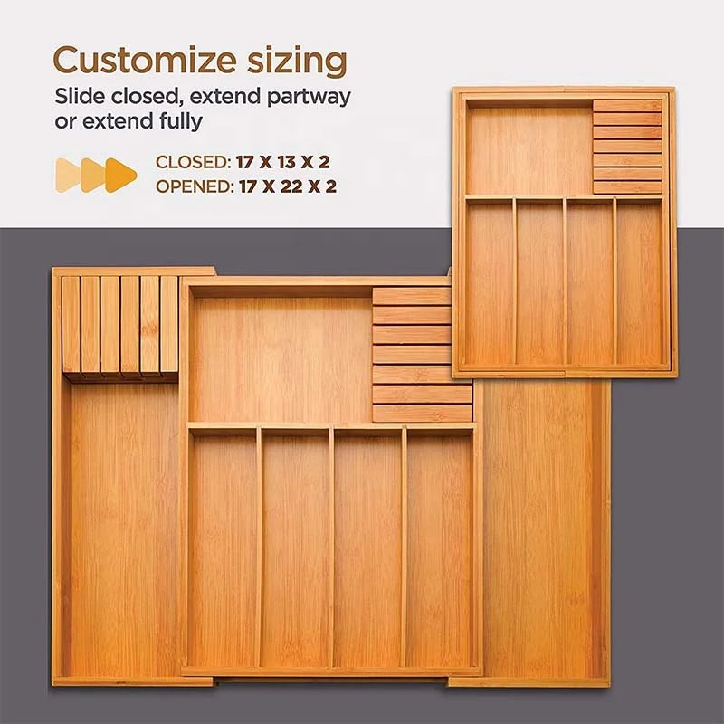 Bamboo Kitchen Cutlery Organizer with 7 Adjustable Compartments