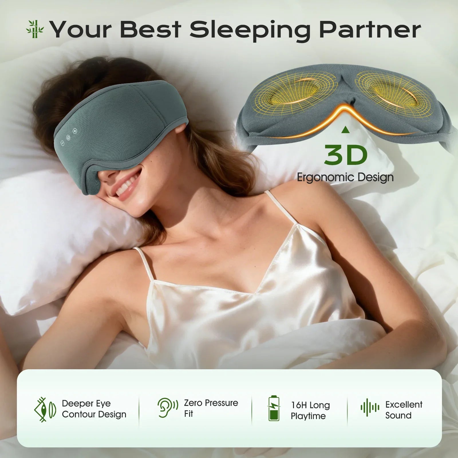 Bluetooth Sleep Eye Mask with 3D Light Blocking Design and Binaural Sound