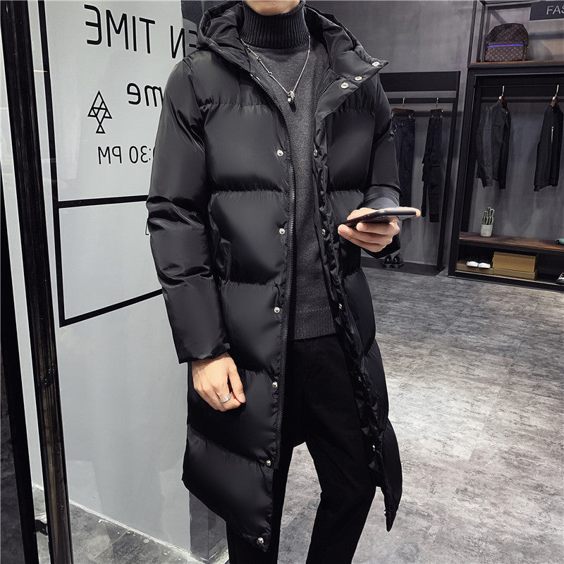 Sleek Black Long Winter Coat for Men with Faux Fur Collar
