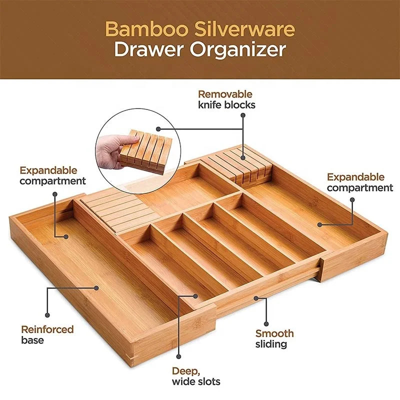 Bamboo Kitchen Cutlery Organizer with 7 Adjustable Compartments