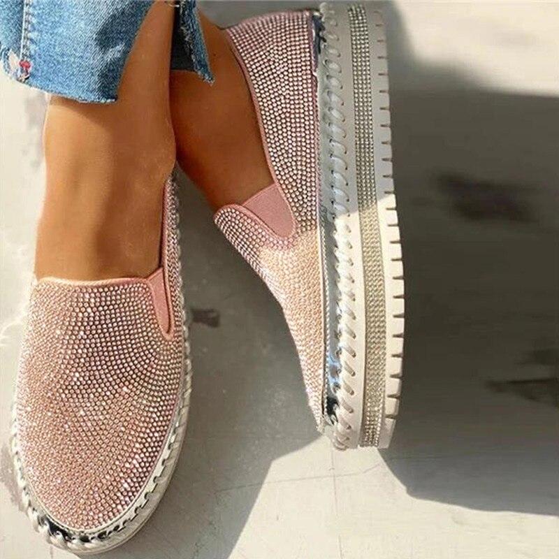 Women’s Platform Slip-On Loafers | Glitter Sparkling Flat Platform Sole | Padded Insole & Breathable | Comfortable Fit