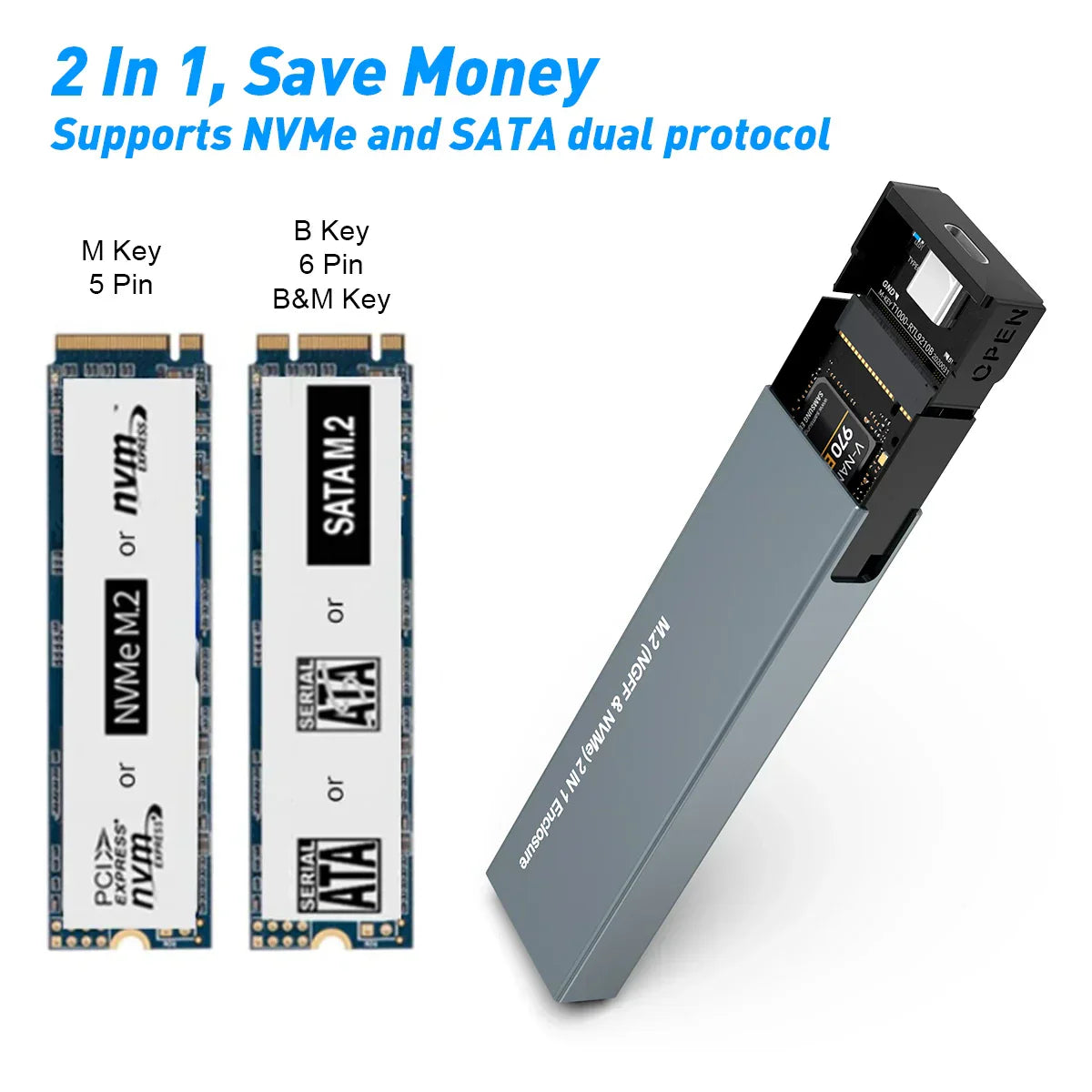 Portable USB C Enclosure for NVMe and SATA SSDs