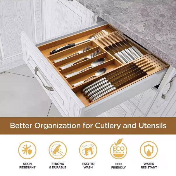 Bamboo Kitchen Drawer Organizer with Adjustable Sections for Space-Saving Storage