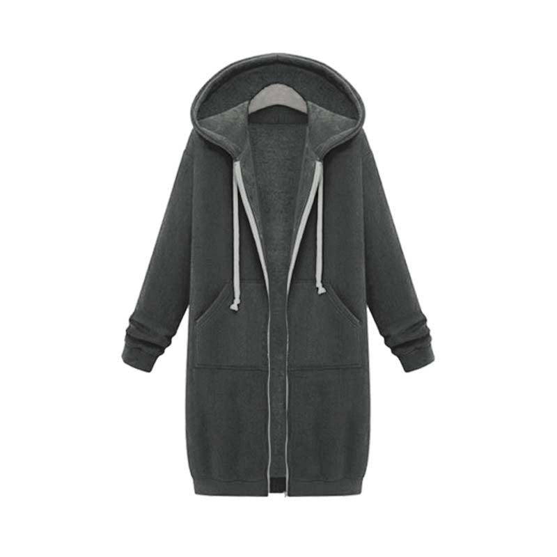 Longline Hooded Sweatshirt Coat | Zipper & Pockets | Polyester Fabric | Winter Warmth