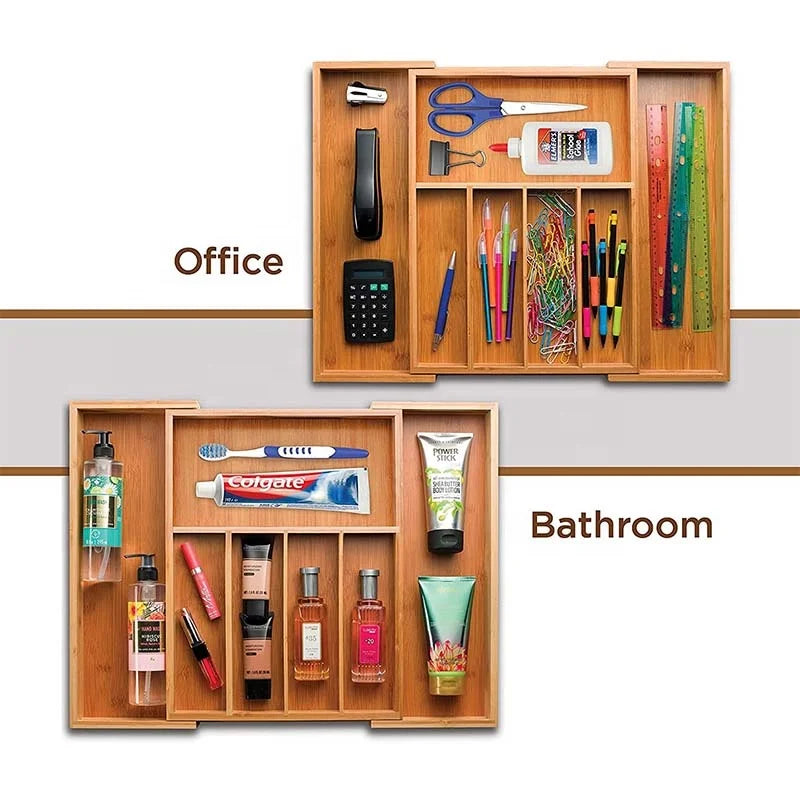 Bamboo Kitchen Cutlery Organizer with 7 Adjustable Compartments