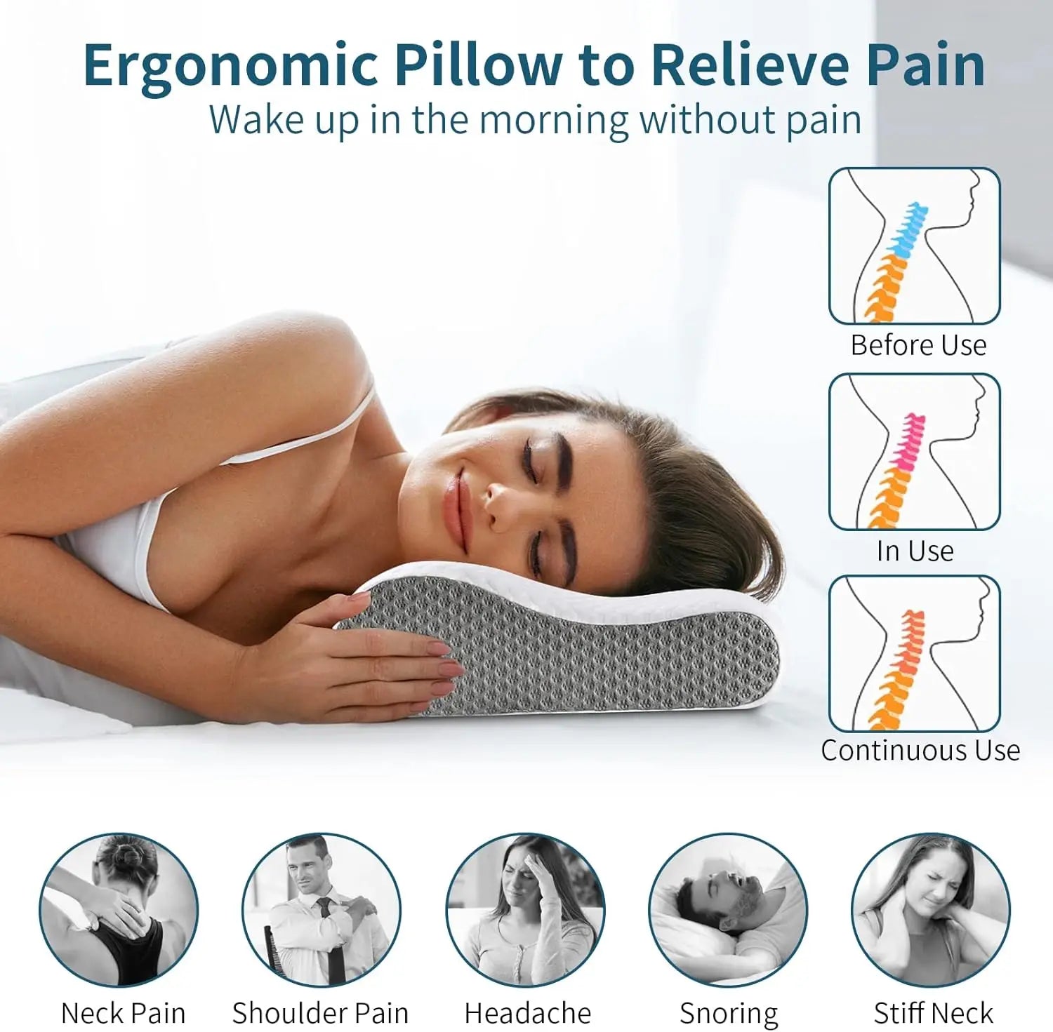 Ergonomic Cervical Contour Pillow - Memory Foam for Side, Back & Stomach Sleepers