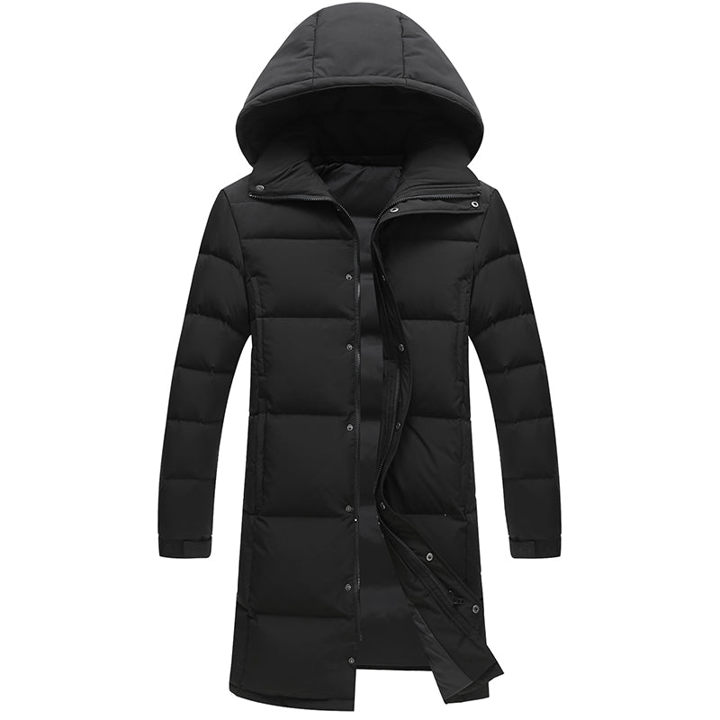 Sleek Black Long Winter Coat for Men with Faux Fur Collar