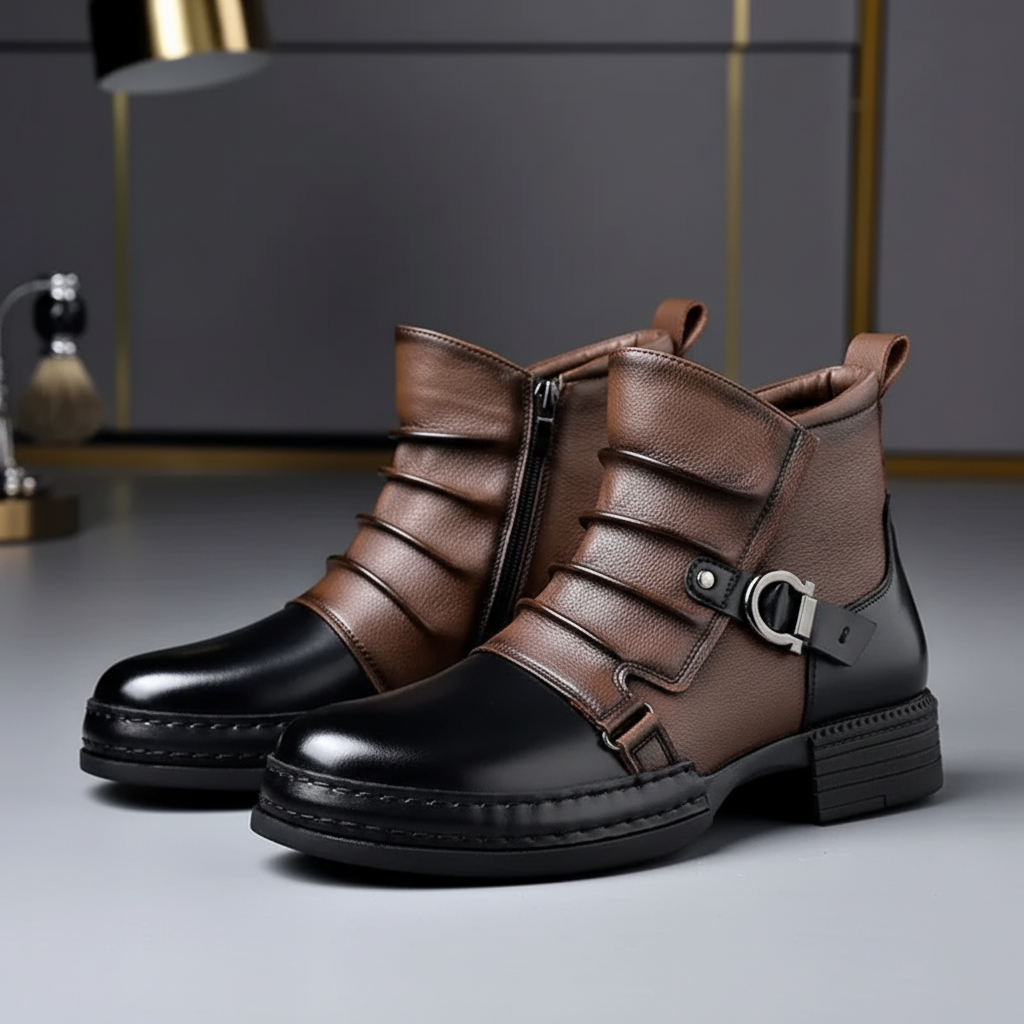 Men's Stylish Leather Ankle Boots with Zipper and Buckle Detail