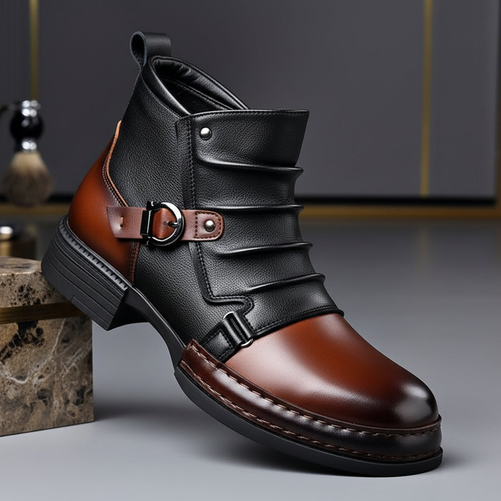 Men's Stylish Leather Ankle Boots with Zipper and Buckle Detail