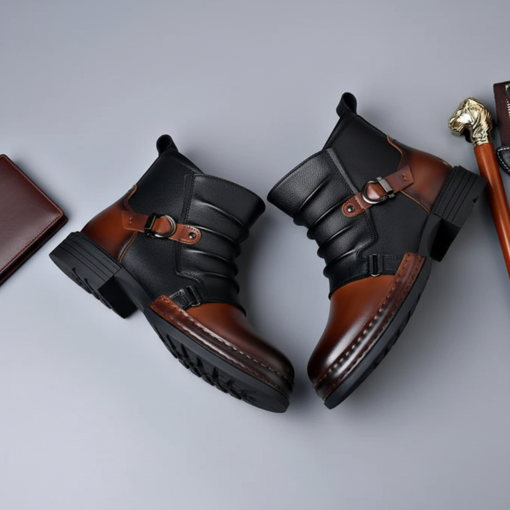 Men's Stylish Leather Ankle Boots with Zipper and Buckle Detail