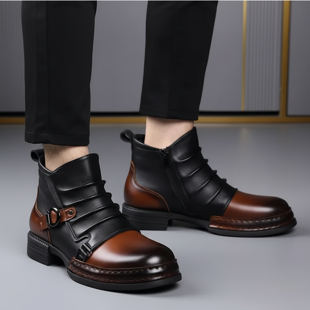 Men's Stylish Leather Ankle Boots with Zipper and Buckle Detail