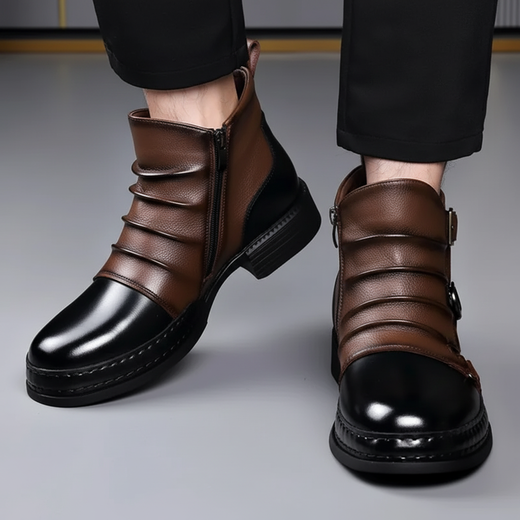 Men's Stylish Leather Ankle Boots with Zipper and Buckle Detail