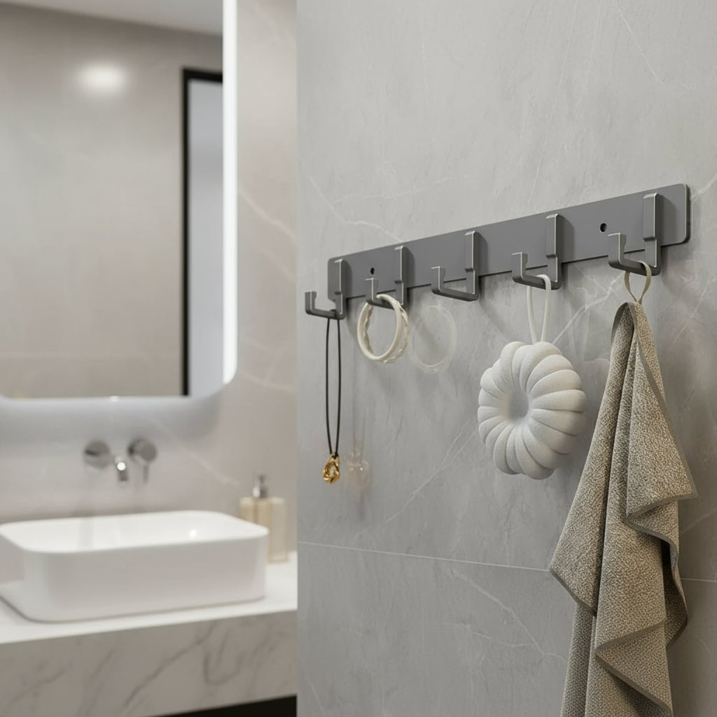 Elegant Wall-Mounted Coat Organizer with Sleek Black Hooks