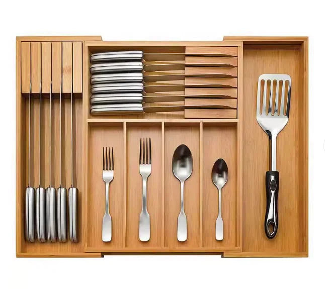 Bamboo Kitchen Drawer Organizer with Adjustable Sections for Space-Saving Storage