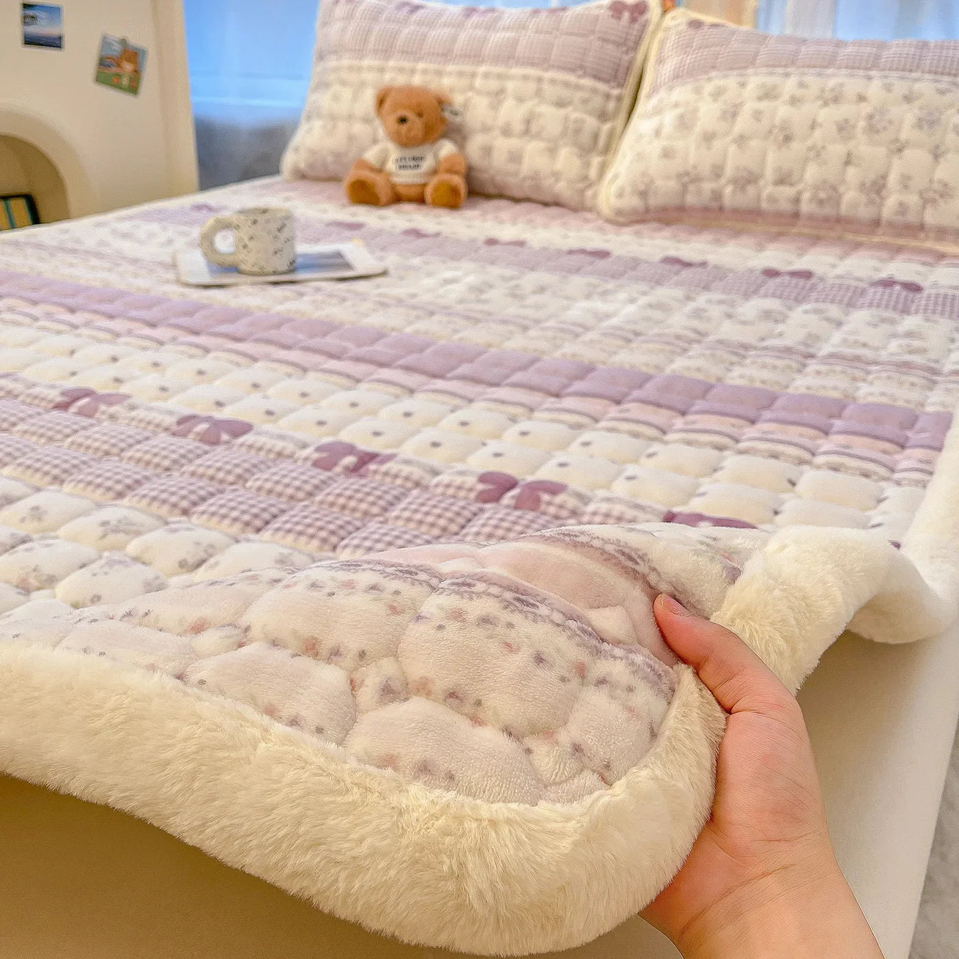 Purple Children's Mattress Pad with Adorable Cartoon Print – Soft & Warm